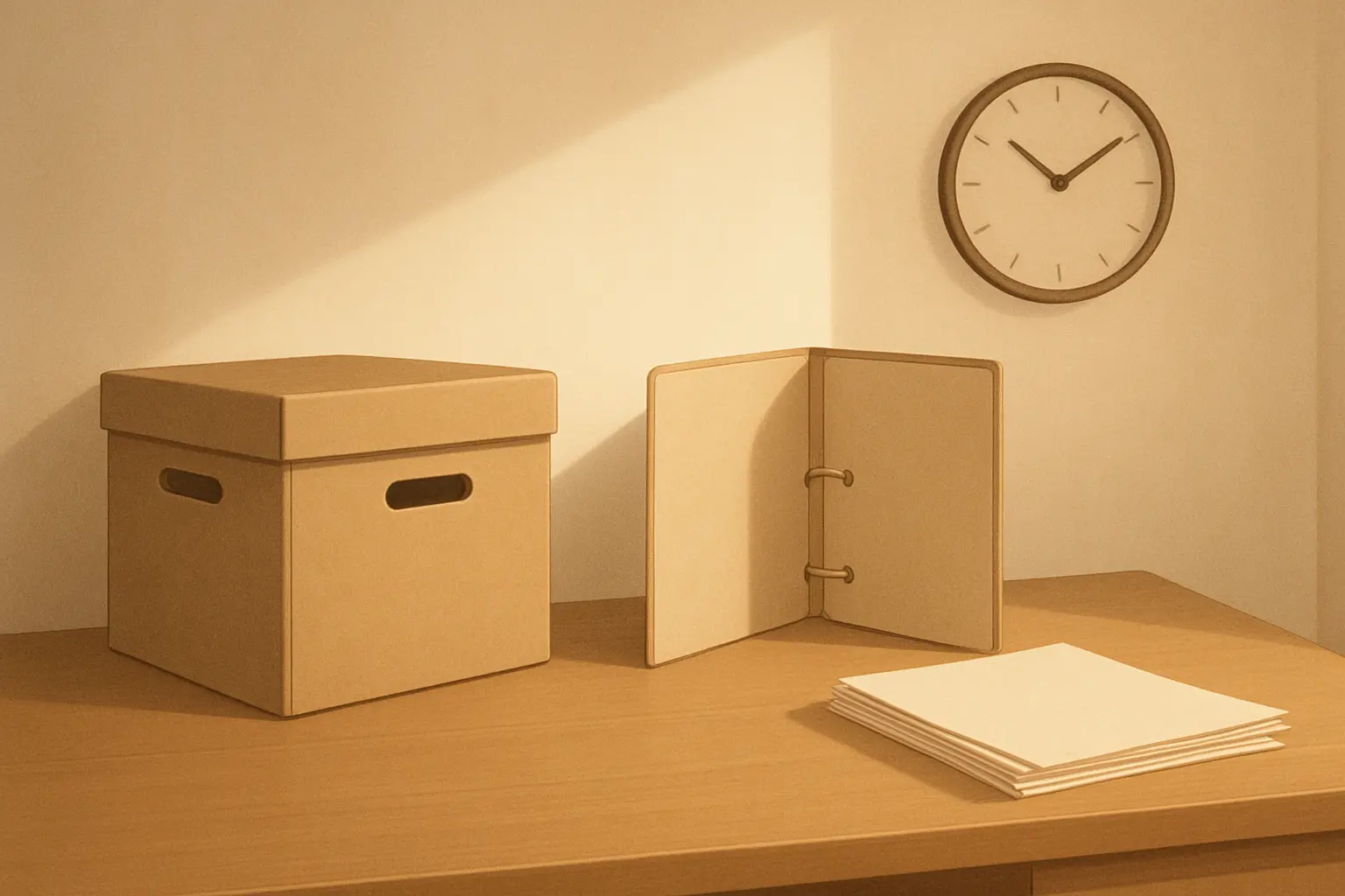 Een archiefdoos, een lege ordner en losse papieren op een bureau